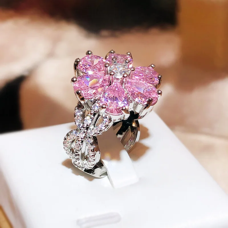 Sweet Pink Flower Rhinestone Ring Women Wedding Eternal Love Romantic Sakura Pink Hand Jewelry Stainless Steel Ring Wholesale