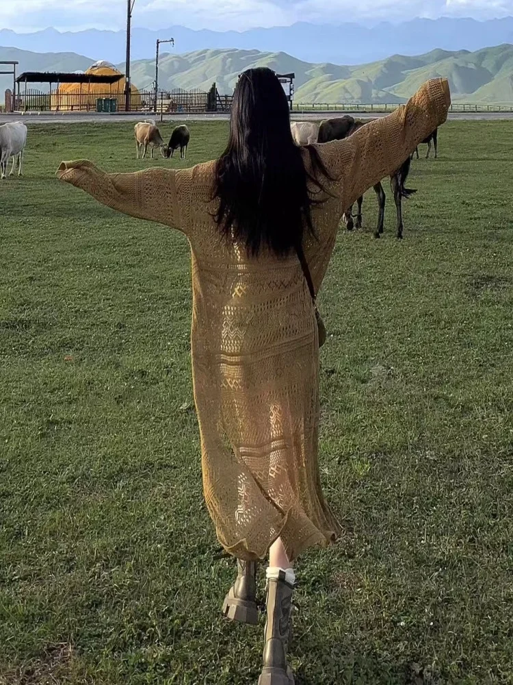 سترة نسائية محبوكة مفتوحة من Travel Sle مجوفة طويلة Sve V-Ne متوسطة الطول فضفاضة تناسب ملابس خارجية عصرية للعطلات... #2