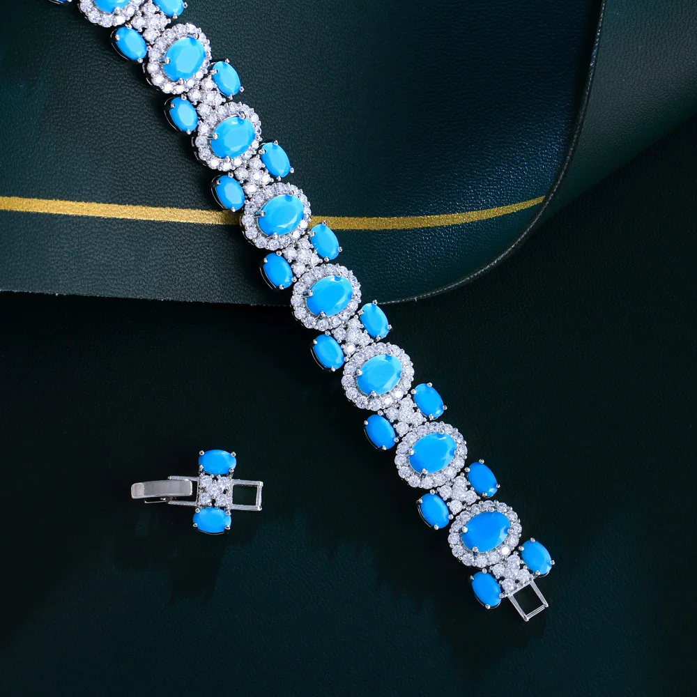 CWWZircons Luxury Chunky Cubic Zirconia and Blue Turquoise Pave Women Daily Party Engagement Wedding Bracelet Jewelry Gift CB352