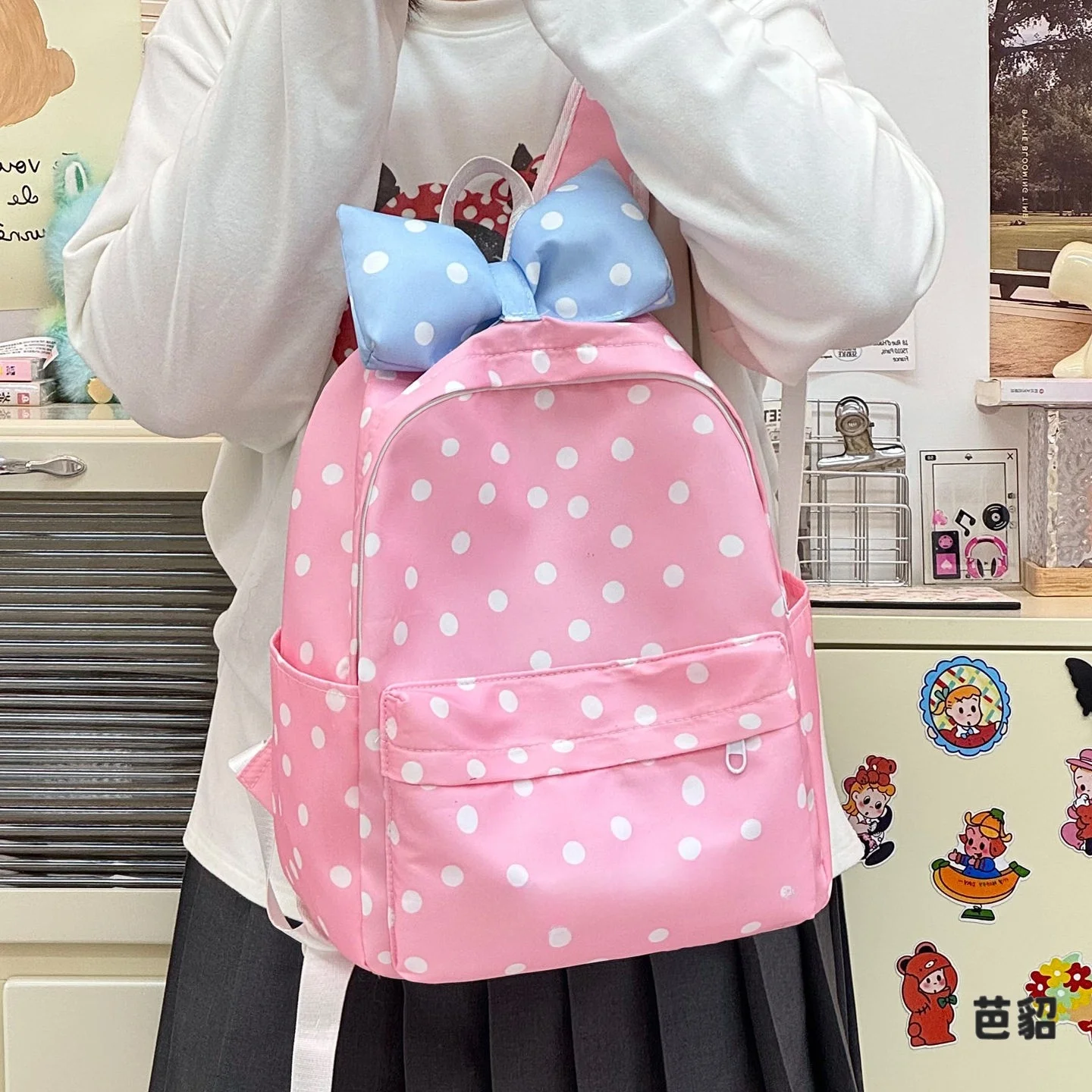 Fashionable Polka Dot Multi-Layer Large Capacity Shoulder Bag  Knot Cute Girl Backpack Ideal for Junior High Students
