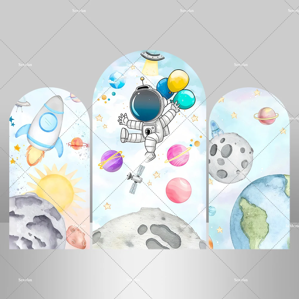 الفضاء الخارجي رائد الفضاء الصبي 1st حفلة عيد ميلاد قوس خلفية غطاء استحمام الطفل ديكور غالاكسي صاروخ كوكب خلفية لافتة الحفلات