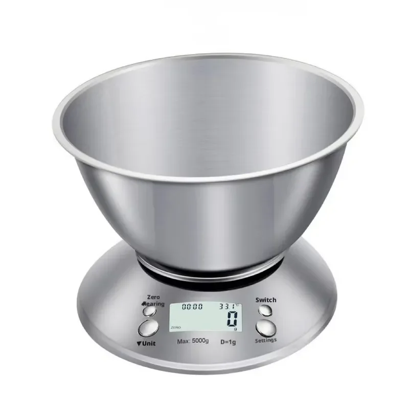 5kg Digital Kitchen Scale Stainless Steel Food Weighing with Bowl Baking Cooking Measure Tool Battery Powered Smart Home
