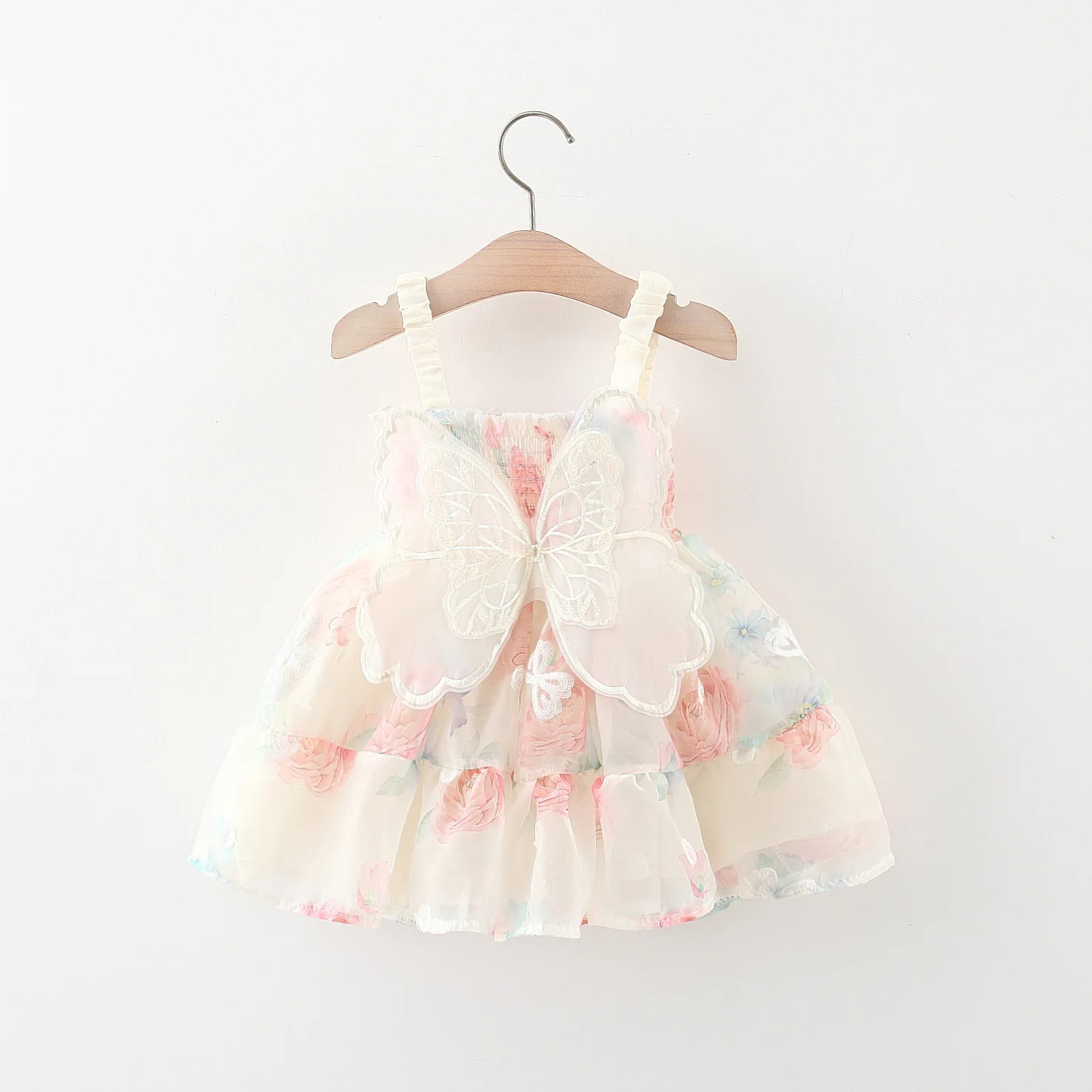 Summer New Girl Baby Dress with Butterfly Wings and Flower Hand Painted Style Dress on the Back