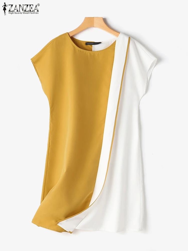 ZANZEA Women Colorblock Mini Dress Casual Asymmetrical Solid Vestido Fashion Summer Short Sleeve Robe Vintage Stitching Sundress