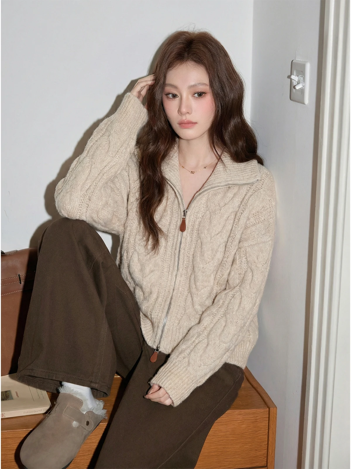 

Women's High Collar Zipper Knitted Open Cardigan Winter Loose Long Sleeve Soft Comfortable Korean Style Lazy Sweater Top