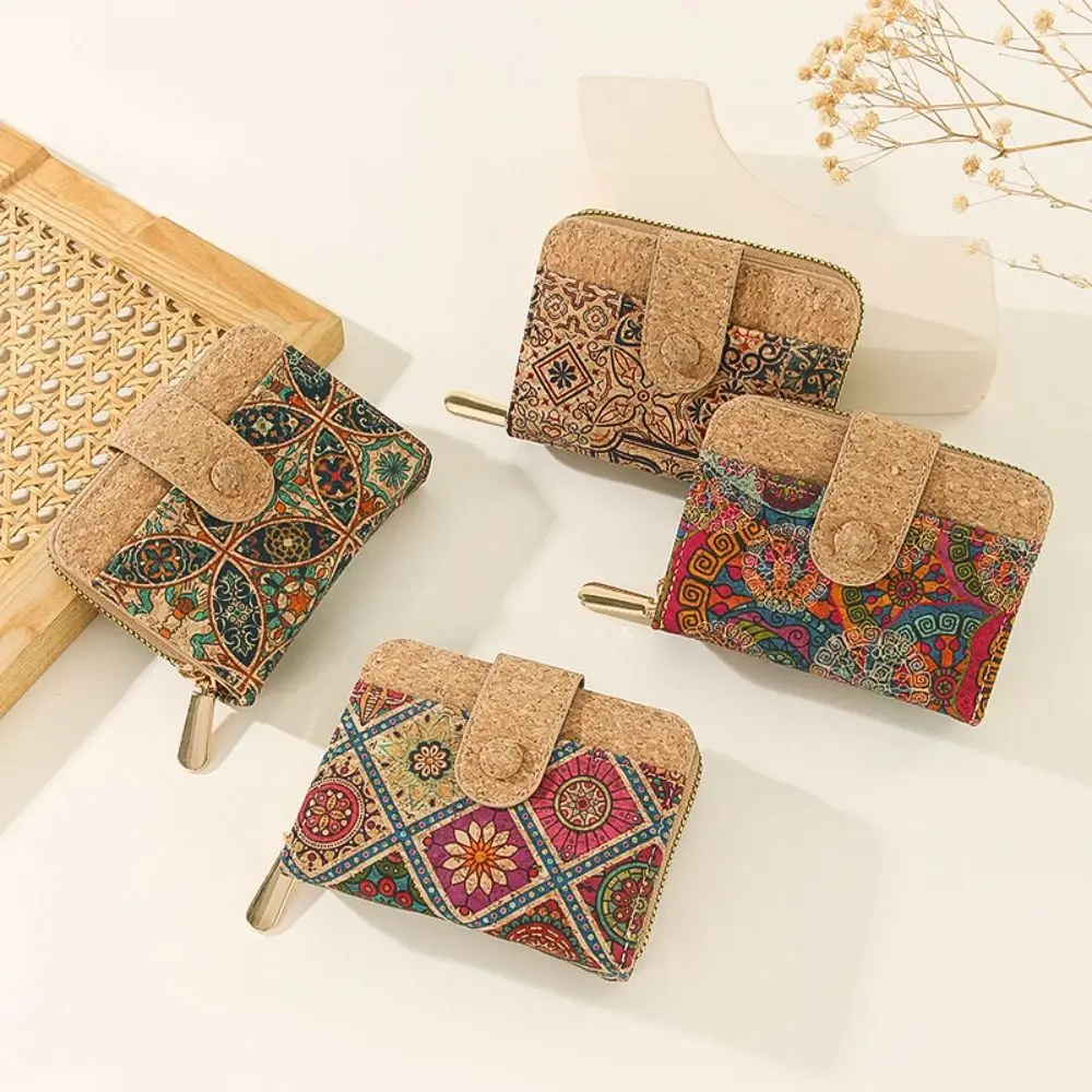 ショートジッパーレトロプリント財布隠しバックルポータブルデザインマルチカードスロット財布カードスロット木目調カードホルダー