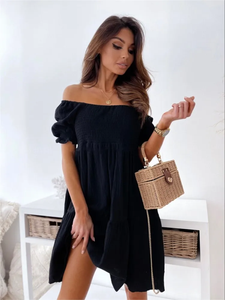 Summer One-piece Collar Short Sleeve Backless Mini Dress Women Fashionable New Solid Color Elegant Beach Vacation Dresses Female