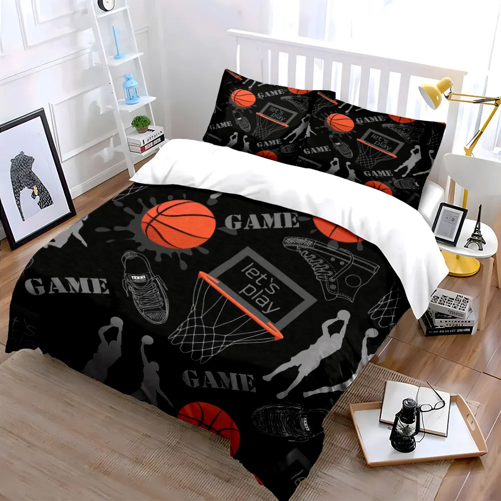 Black Basketball Sneaker Sport Bedding Set,Teen Game Silhouette Print Duvet Cover 2 Pillowcases Single Double King Queen,Gift