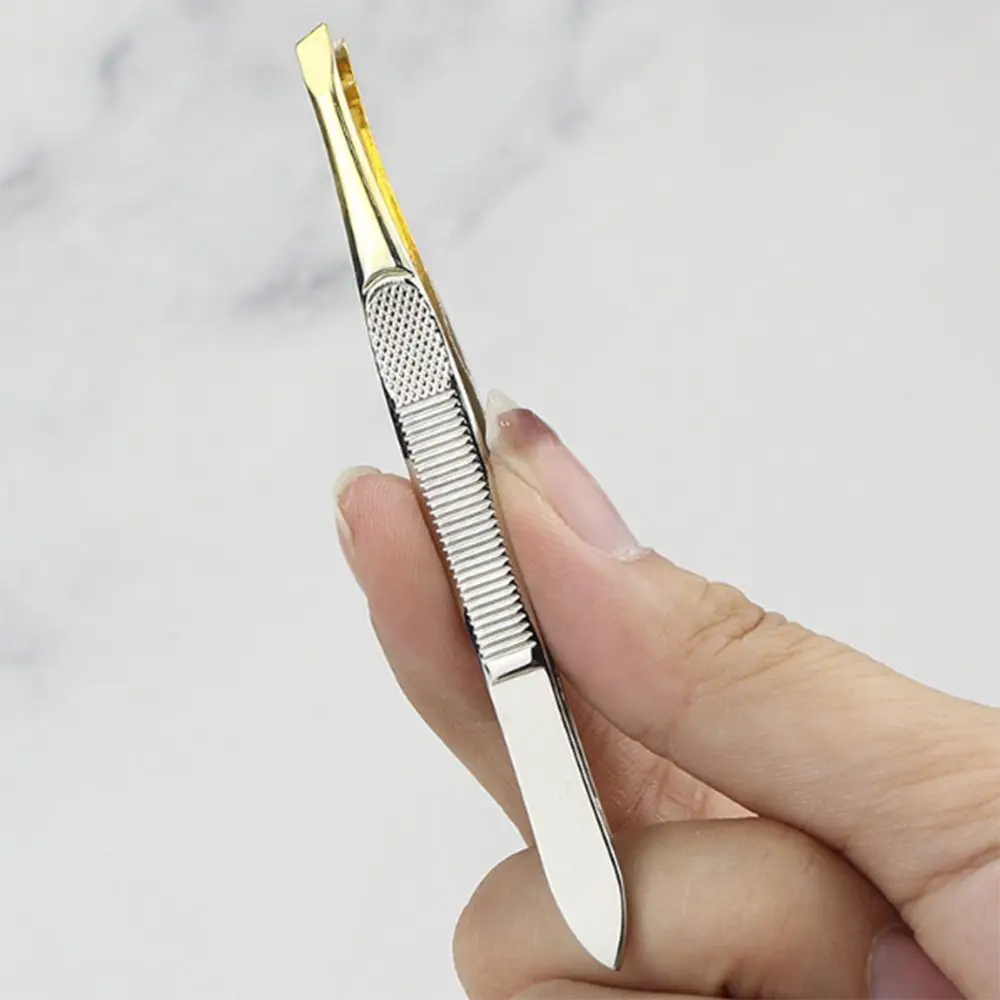 Stainless Steel Eyebrow Trimming Tweezers Flat Tip Slant Tip Eyelash Curler Mesh Stripe Handle Plucking Eye Brow Clips Girl