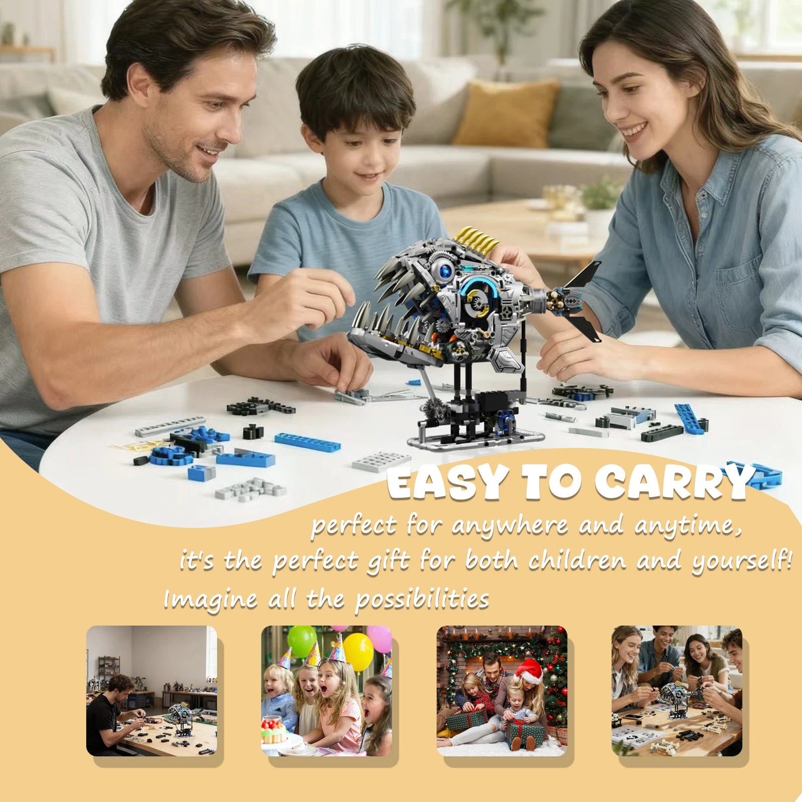 Steampunk-style animal building blocks, featuring articulated walking skeleton pieces with light-up functionality. Ideal for tab