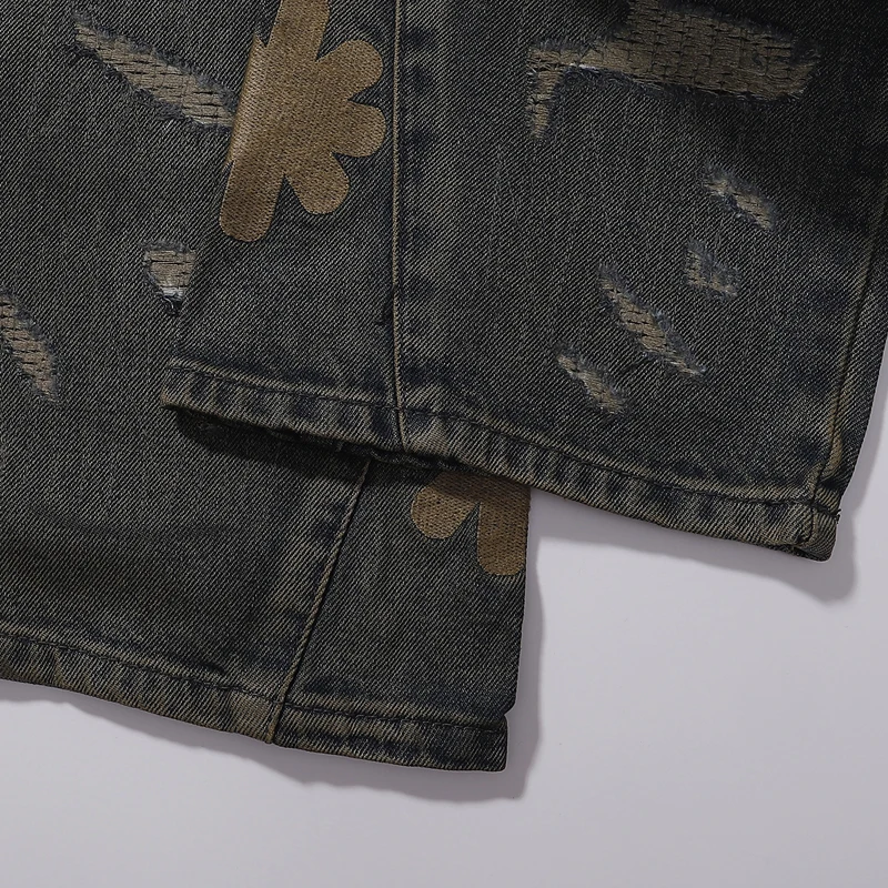 LOST SHADOWS JEANS New American Retro Do Old Wash Hole กางเกงยีนส์ทรงหลวมตรงปักดอกไม้โลโก้ผู้ชายสตรีทแวร์