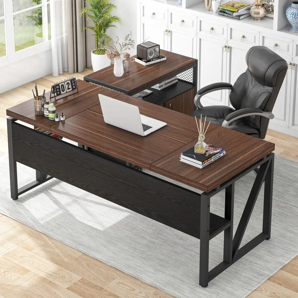 

63 Executive Deskwith Drawer Cabinet, L Shaped Desk and lateral File Cabinet, 2 Piece Home Office Furniture Set with Drawers fo