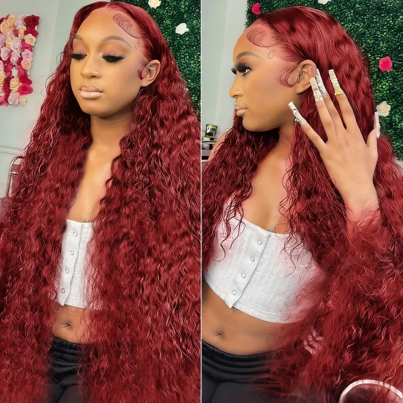 

Бордовый вьющийся парик 13x6 Hd, кружевной фронтальный парик, человеческие волосы, 100% бразильский, 13x4, волна, глубокая волна, 99J, красный цветной парик для женщин, 36–40 дюймов