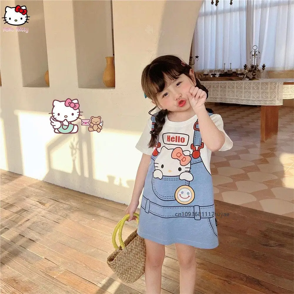 Sanrios Children's Dress T-Shirt Skirt Hellokitty Cute Kawaii Print Loose Short Sleeve Cartoon Fashion Anime Summer Sweet Skirt