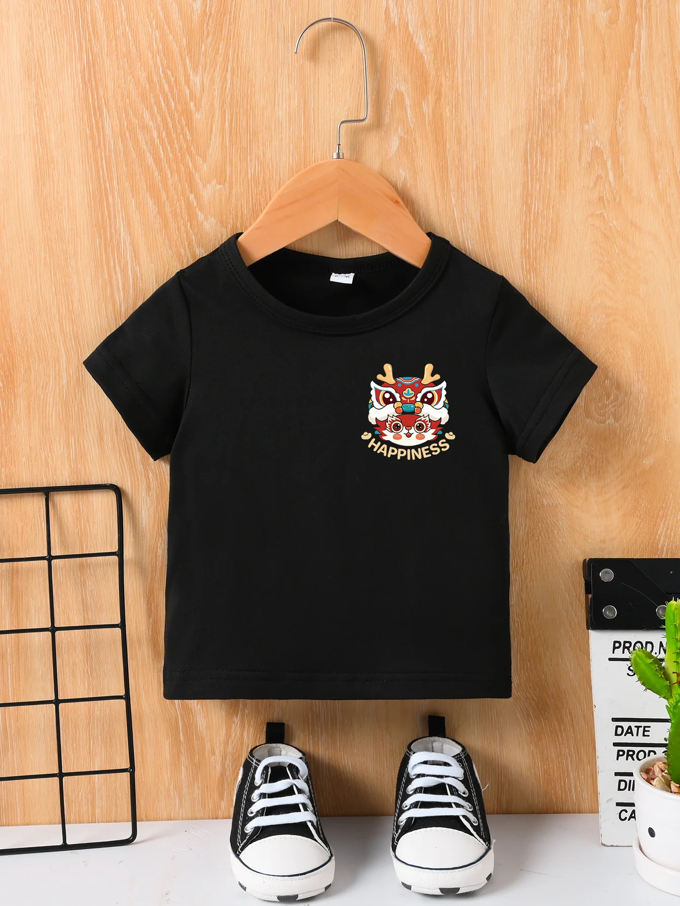 Summer New Male And Female Baby Short Sleeve Black T-Shirt Round Neck Pullover Top