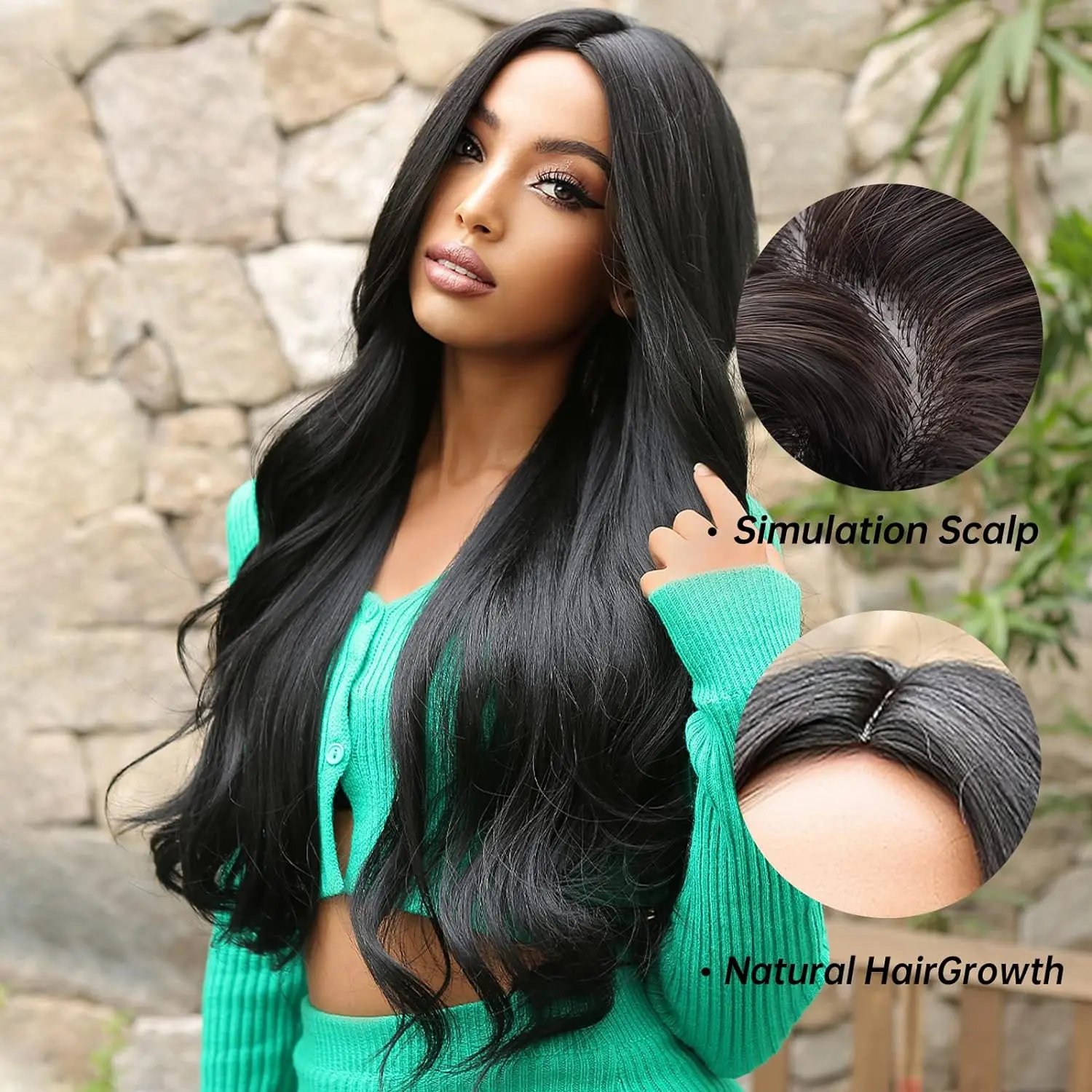 Long Black Hair For Women Curly Big Wave Synthetic Hair In The Middle Part of The Natural Heat-Resistant Head Cover Daily Wear