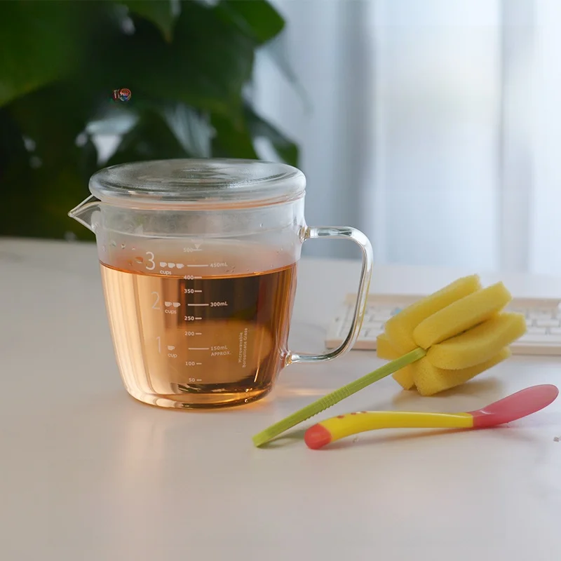 First House Heat Resistant Glass Measuring Cup Set with Lid Milk Cup Handle Chinese Style Capacity 401mL-500mL Kitchen Tools view 2