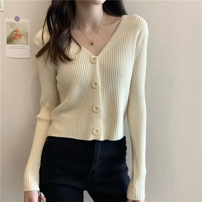 

5 Colors Sweaters for Women Slim Feminine Casual Knit Basic Crops Popular Cardigan V-neck Korean Style Temperament Soft Knitwear