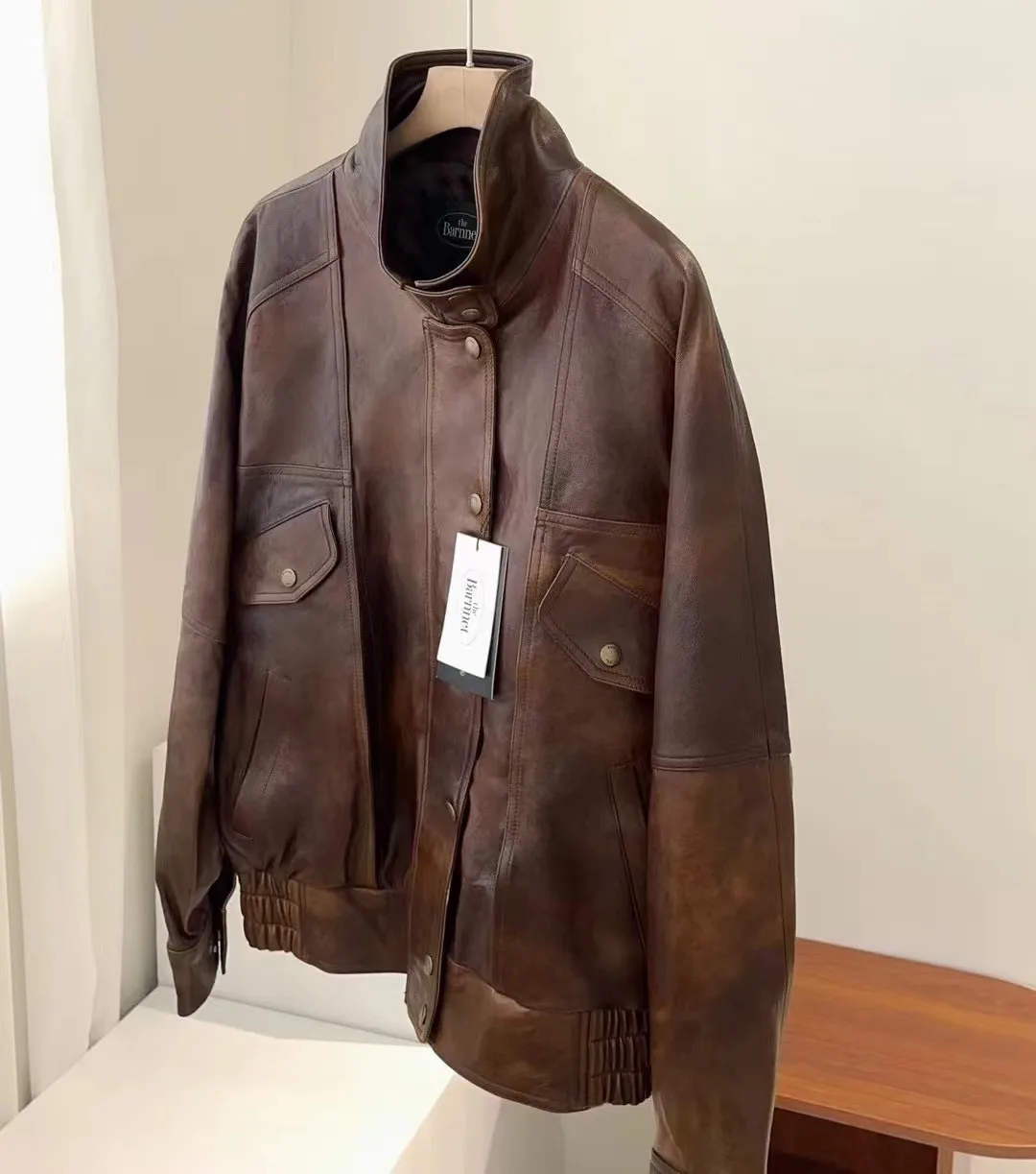 

East Gate the Barn*et Vintage Rusted Loose Stand Collar Motorcycle Jaet Women's Casual Sle Long Sve PU Leather Coat
