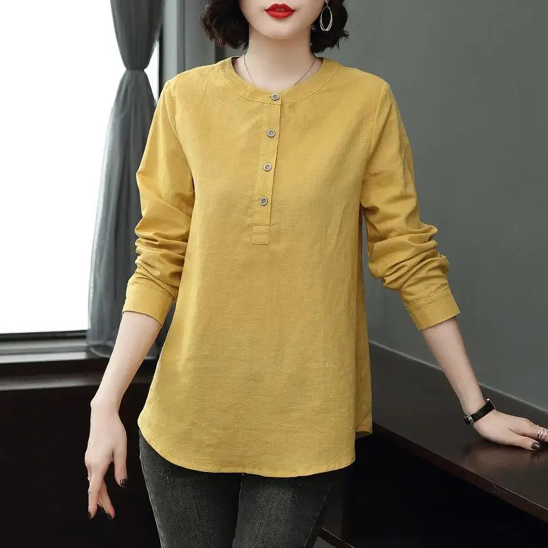 Camicetta a tunica in lino di cotone semplice Vintage moda coreana da donna Casual Solid O Neck Shirt manica lunga allentata top abbigliamento