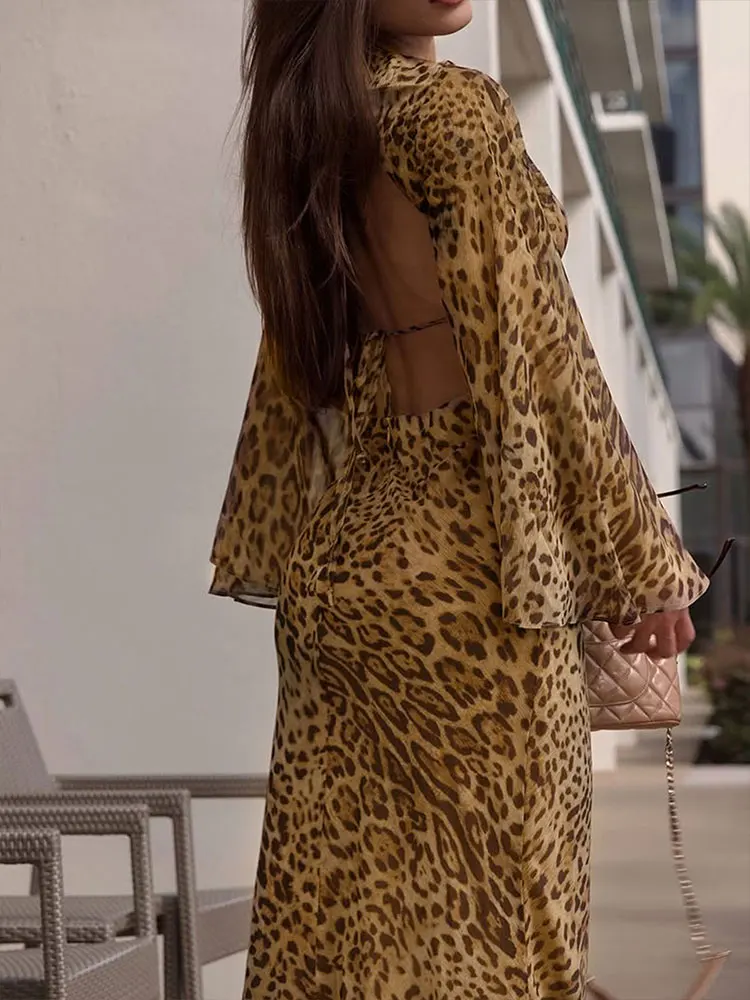 Nuevos vestidos de mujer moda de otoño estampado de leopardo Casual ajustado vestido de manga larga Sexy ahuecado sin espalda vestidos con cuello en V ropa