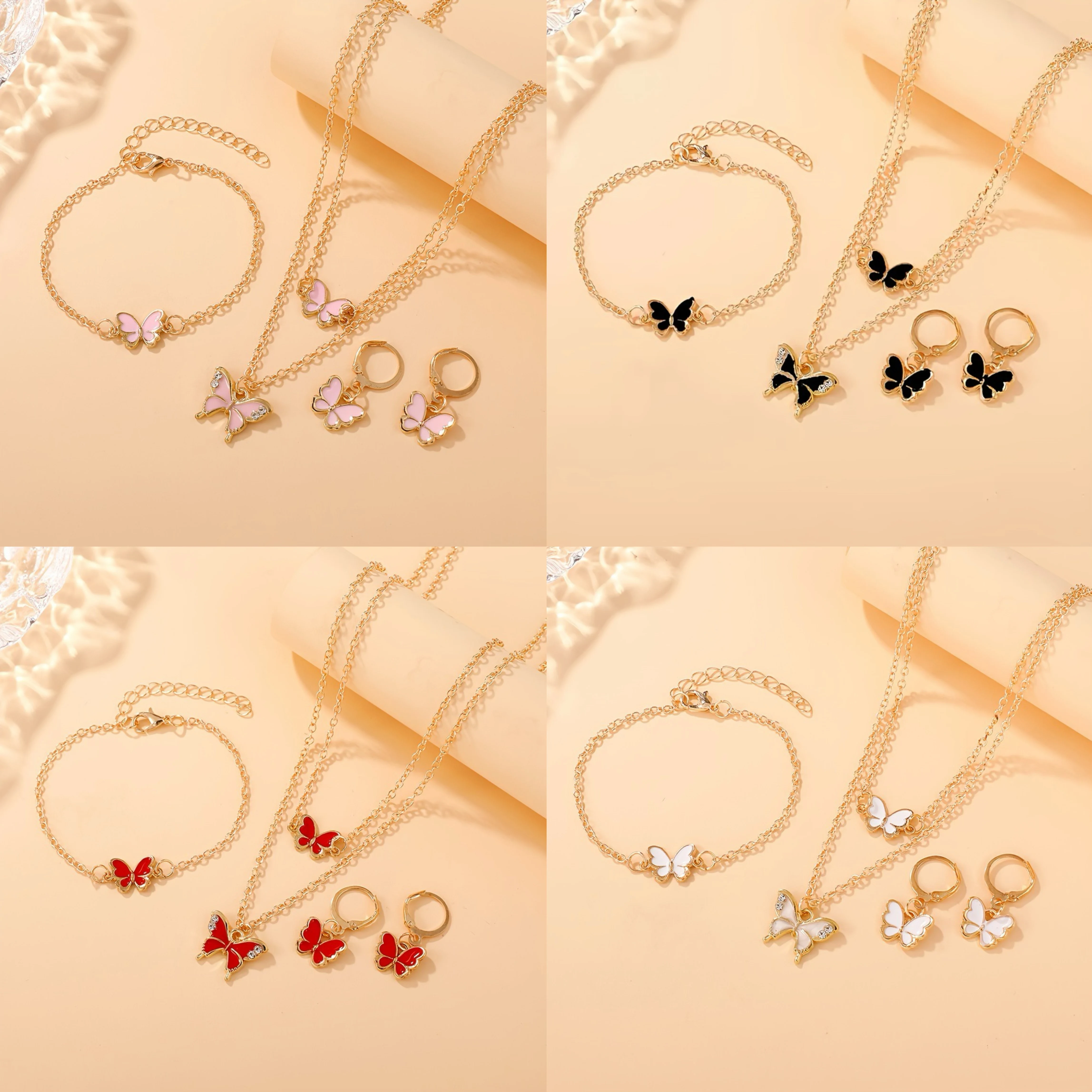 طقم مجوهرات على شكل فراشة متعددة الألوان مكون من 4 قطع - قلادة من المينا الذهبية اللون وأقراط وسوار وإكسسوار للحفلات اليومية طراز Y2K
