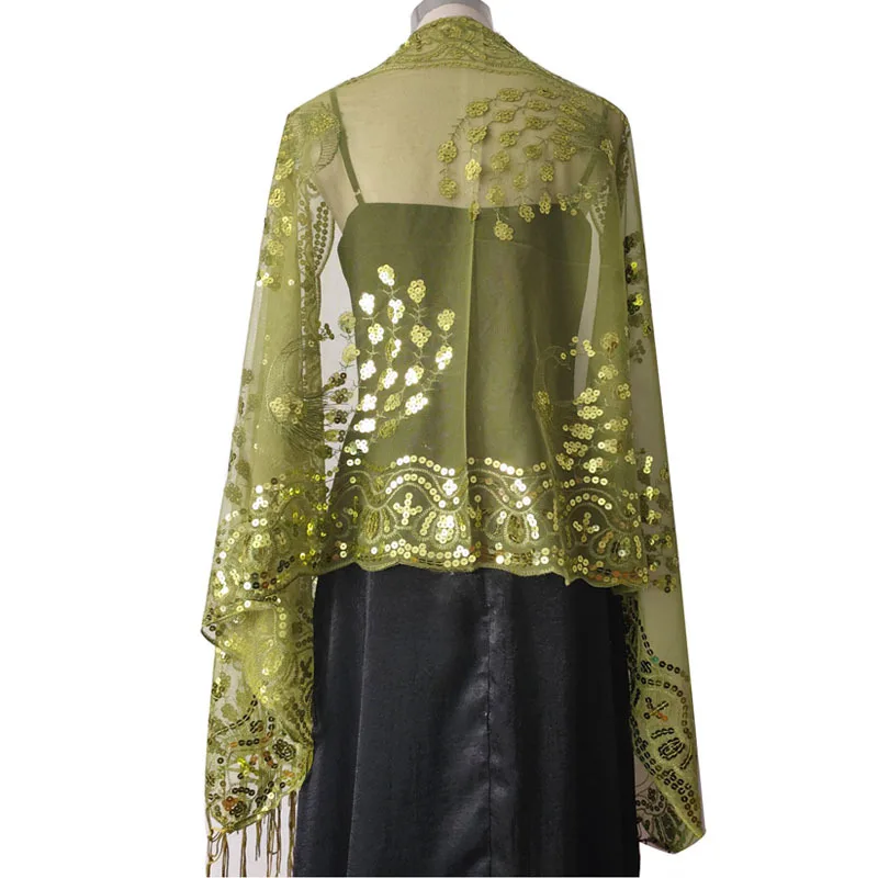 Spring Autumn Sequin Shawl Peacock Embroidery Tassel Shawl Party Evening Dress Shawl Cloak Ponchos Capes Beige