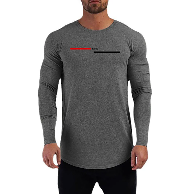 Fashion Paris Print Running T-shirt Long Sleeve Cotton Slim Fit Gym Sport Clothing Mens Fitness Bodybuilding Muscle Tee Tops