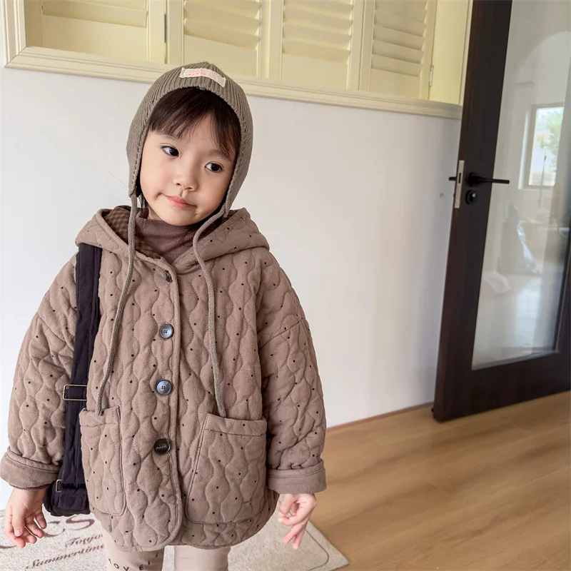 Winter Kids Parkas Girls cute dot Fleece Thicken hooded coat Boys warm loose Tops