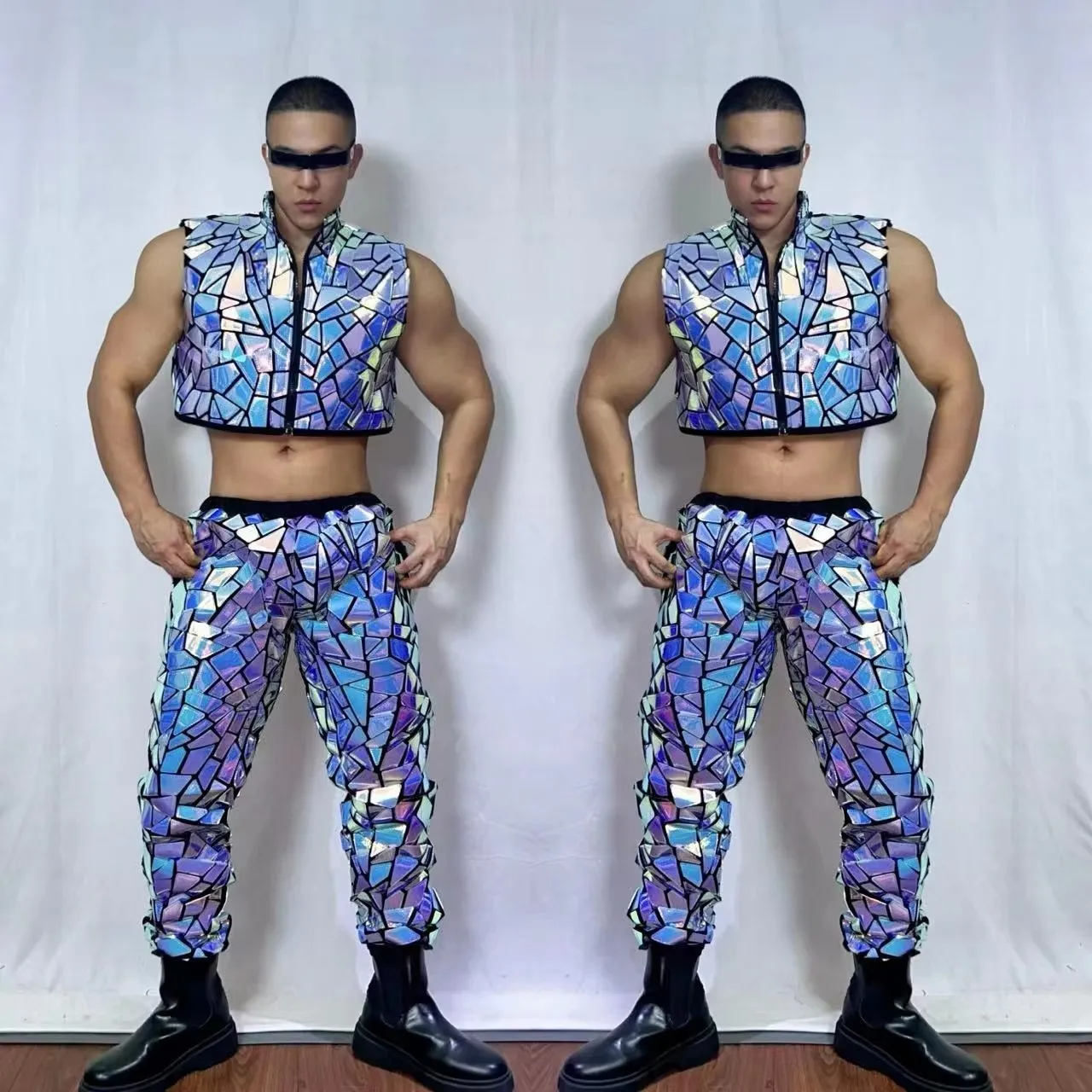 

Nightclub Stage Rave Outfit Male Jazz Hip Hop Dance Team Sequins Costume Shiny Purple Blue Laser Mirror Vest Pants 2 Pieces Set