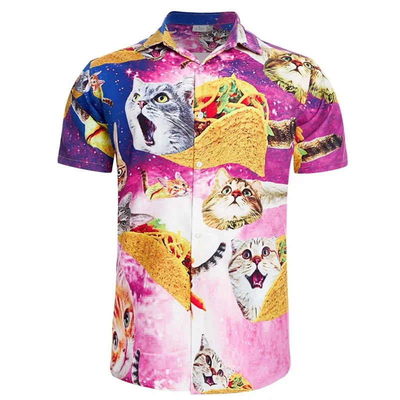 Camisa havaiana com estampa 3D masculina, gráfica Cat Alpaca, blusa de comida, estampa animal engraçada, casual verão, manga curta, blusa de lapela, camisas de praia