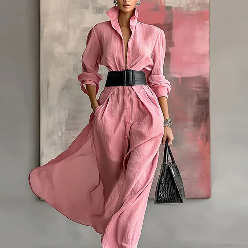 Abito camicia da donna monopetto primaverile da ufficio Abito elegante da donna slim solido Abito da festa autunnale a maniche lunghe a trapezio Vestido