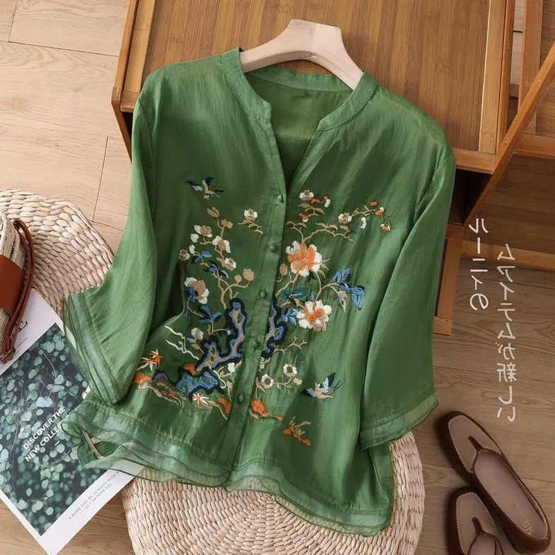 High-end Cotton and Linen Tops Female 2024 Summer New Embroidered Cardigan Shirt New Chinese Style Patchwork Bag Buckle Shirt