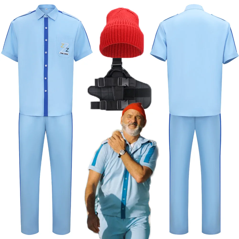 

Movie Life Aquatic Cosplay Steve Zissou Blue Costume Work Clothes Red Hat Outfits Holster Halloween Uniform Suits Carnival Party