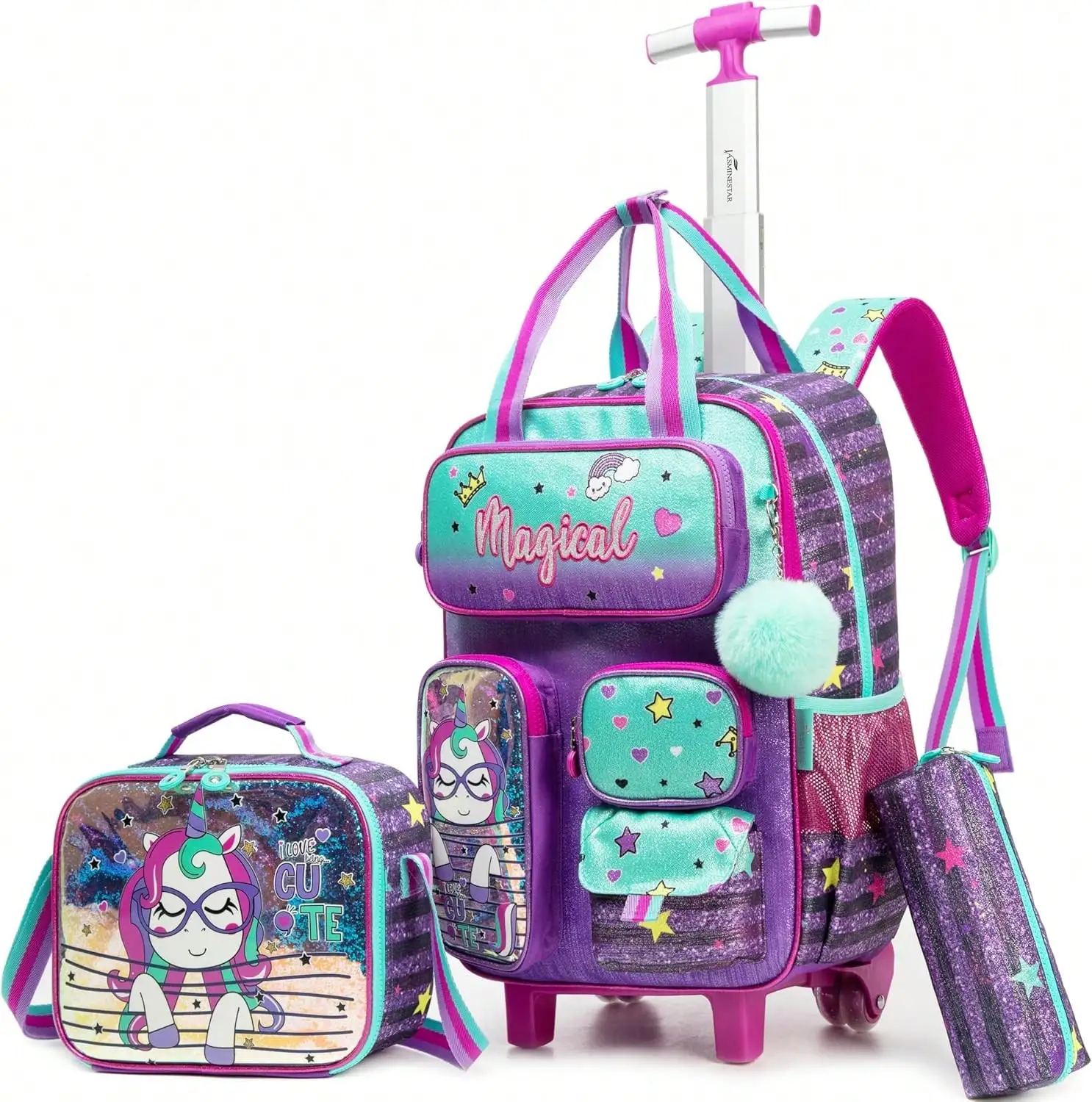 3Pcs Girls Heart Rolling Backpack Set, Cartoon Wheeled Trolley Backpack With Crossbody Bag & Pencil Bag For Students