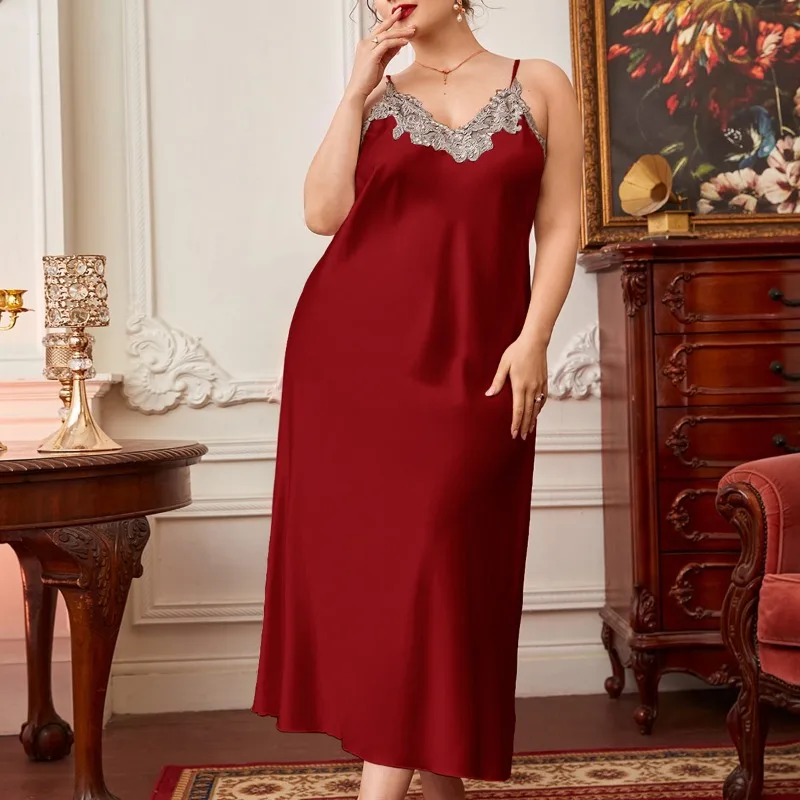 Fashion Solid color Plus Size Sleepwear for Women Summer Luxury Sexy Thin Silk Nightgown Leisure Home Clothes Pajamas for Ladies