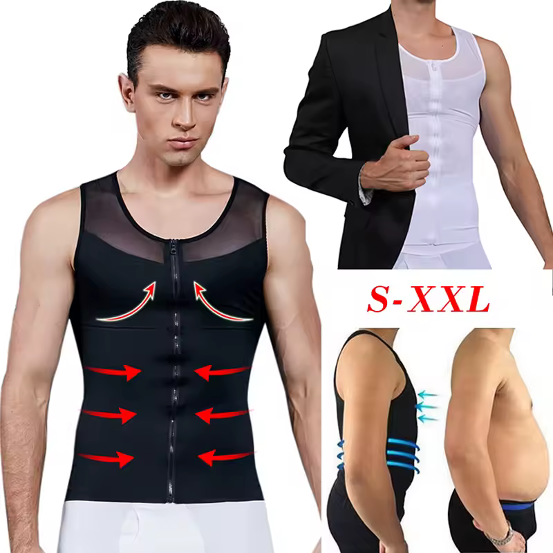 Mens דחיסת חזה חולצה גינקומסטיה Vest ההרזיה חולצה גוף Shaper גופייה מול רוכסן מחוך לגבר Shapewear