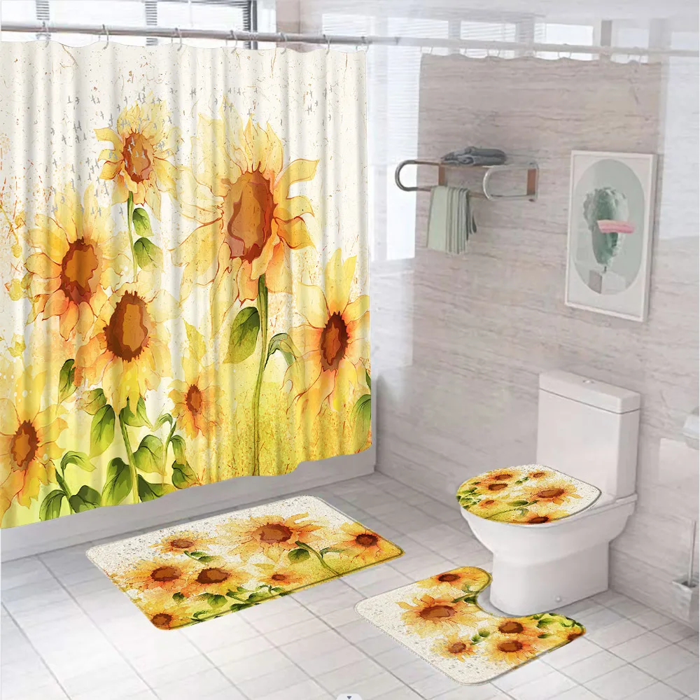 Sunflower Floral Shower Curtain Set Sunlight Blue Sky White Cloud Field Bathroom Curtains Non-Slip Bath Mat Rug Lid Toilet Cover