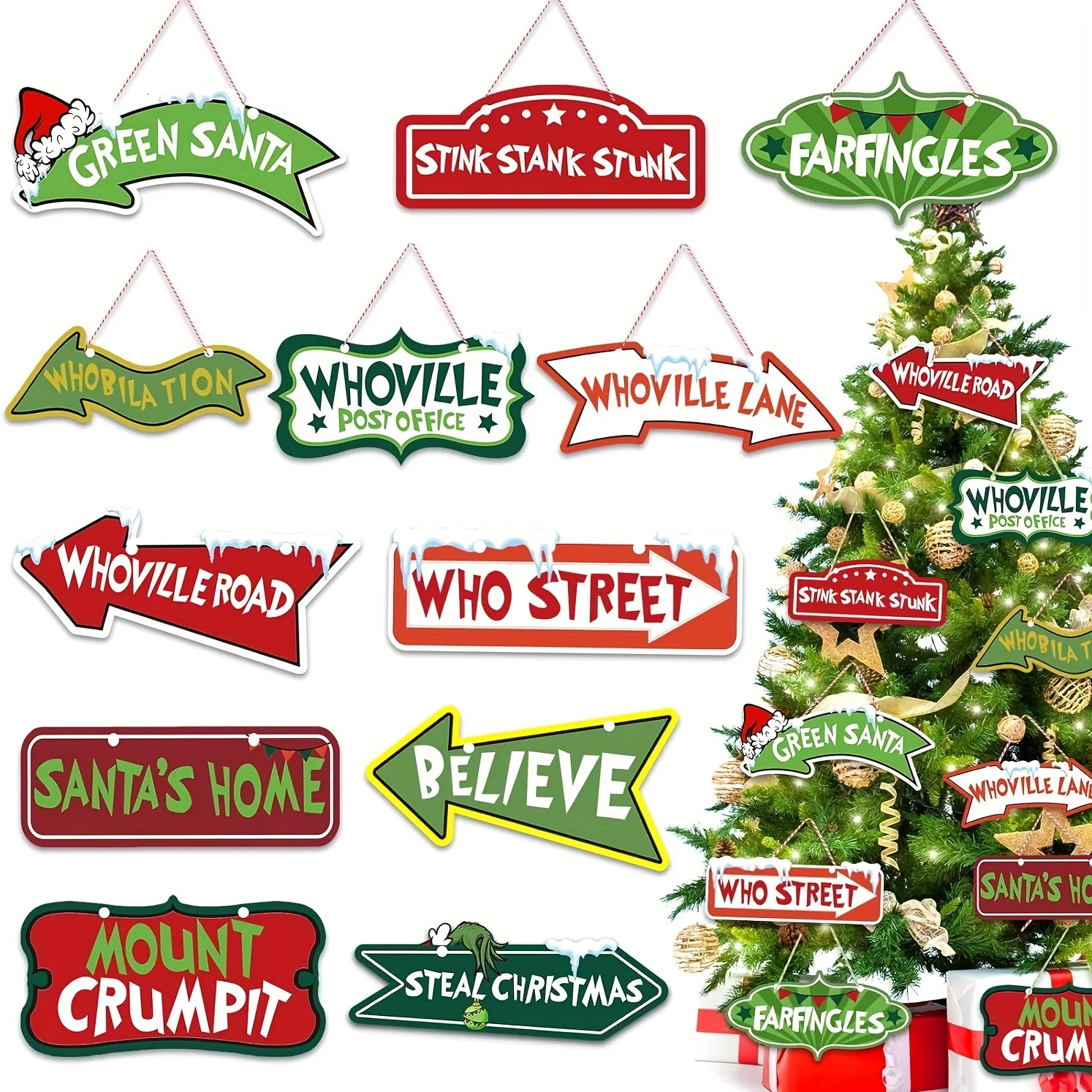 12PCS Christmas Whoville Tree Ornaments Decorations Xmas Large Paper Crafts Tree Hanging Ornaments Signs for Christmas Welcome