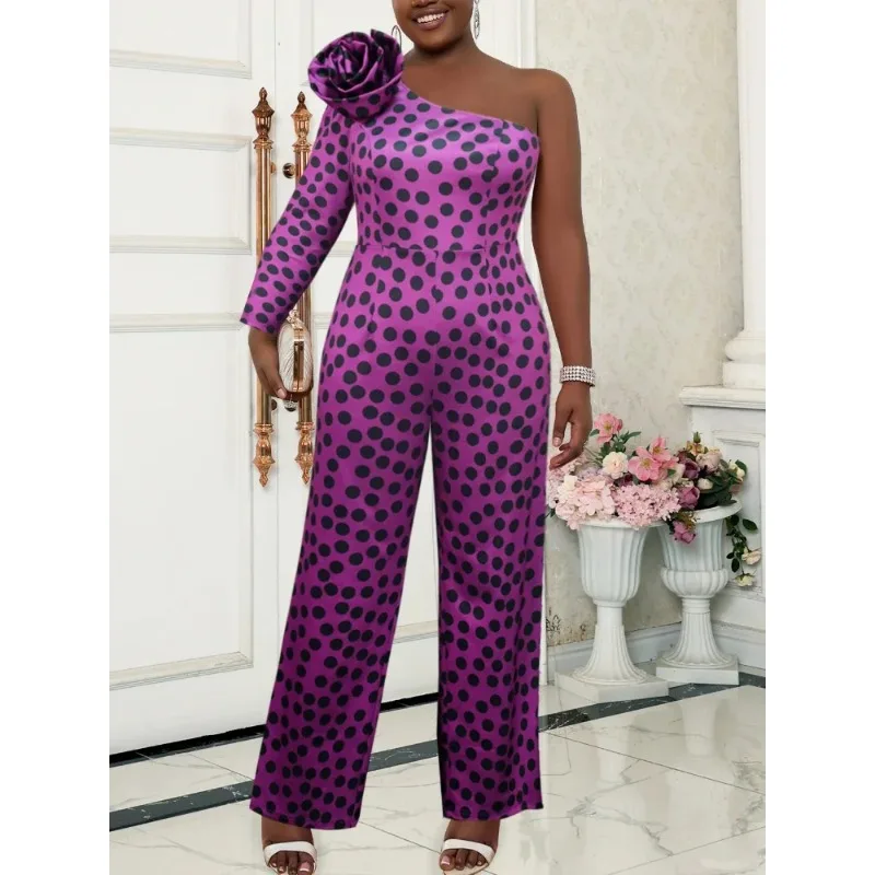 2024 New Shoulder Polka Dot Printed Jumpsuit Women Elegant One Piece African Female High Waist Wide Leg Rompers New Plus Size