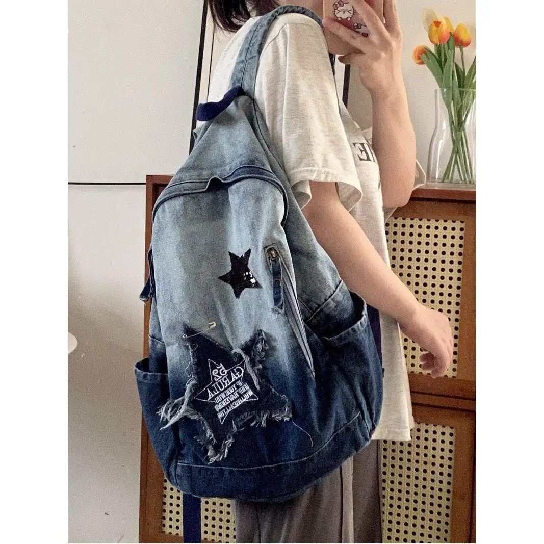 Y2K Korean Casual Denim Backpack Fashion Star Pattern Large Capacity Student Schoolbag Teenagers Vintage Punk Travel Book Bag