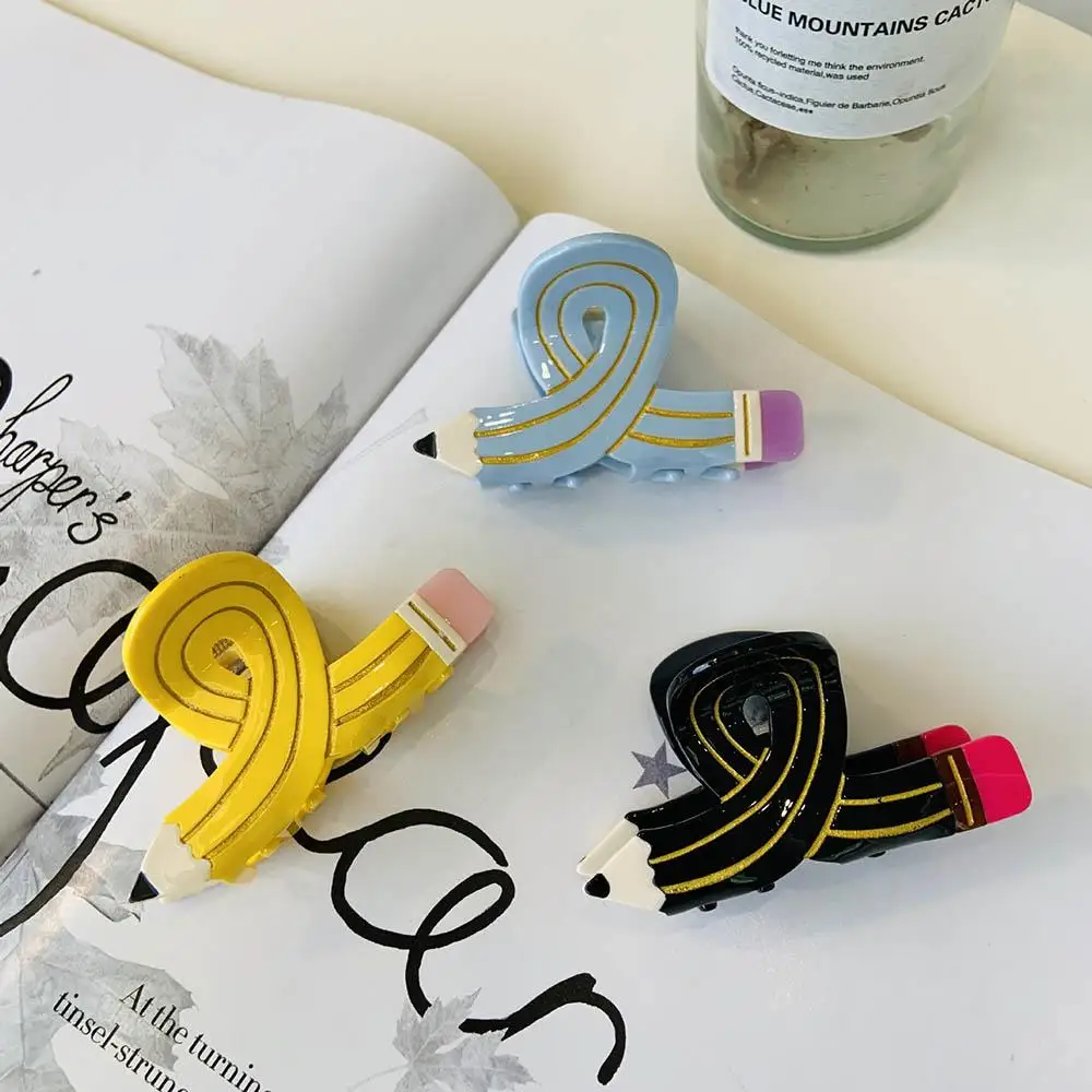 

Pencil Bowknot Design Shark Clip Pen Acetate Hair Clip Ponytail Thick Hairpin Pencil Hair Claw DIY Stationery Shape Headwear