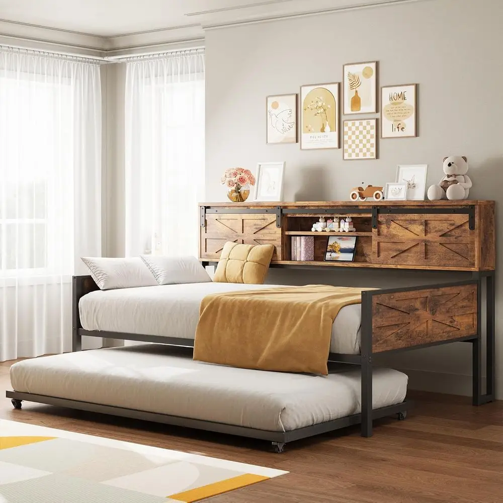 Daybed with Trundle Bed, Sofa Bed Twin with Charging Station, with Storage Headboard & Strong Support, for Living Room, Bedroom