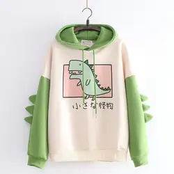 Sudadera con capucha de dibujos animados de dinosaurio para mujer, suéter de manga larga con estampado informal, Tops de empalme de estilo coreano, ropa Kawaii