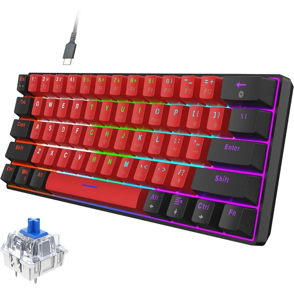 60% Wired Mechanical Gaming Keyboard, LED Backlit for Windows Laptop PC Mac (Black-Red, Blue Switches)