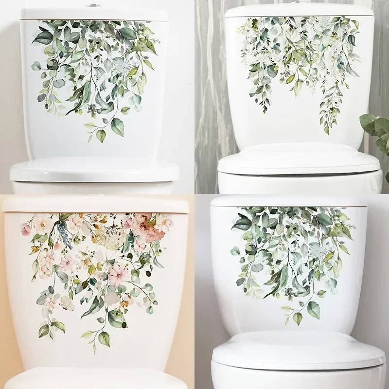 Green Plant Leaves Wall Sticker Bathroom Toilet Sticker WC Self Adhesive Mural Beautify Flower Home Decoration Decals