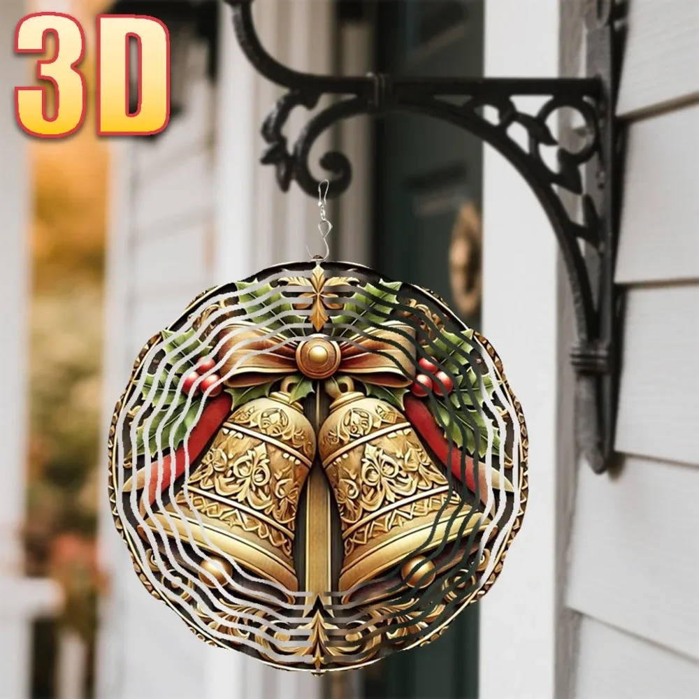 CIFBUY 3D Christmas Golden Bells Wind Chimes Metal Spinner with Red Bow & Holly, Rotating Garden Ornament for Holiday Yard Decor