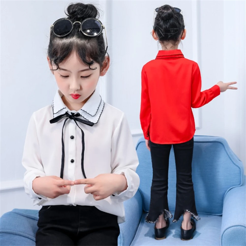 

Girls shirt Zhongda Tong school lace lapel shirt Chiffon long sleeved thin shirt Fashionable Soft Girls western-style base shirt