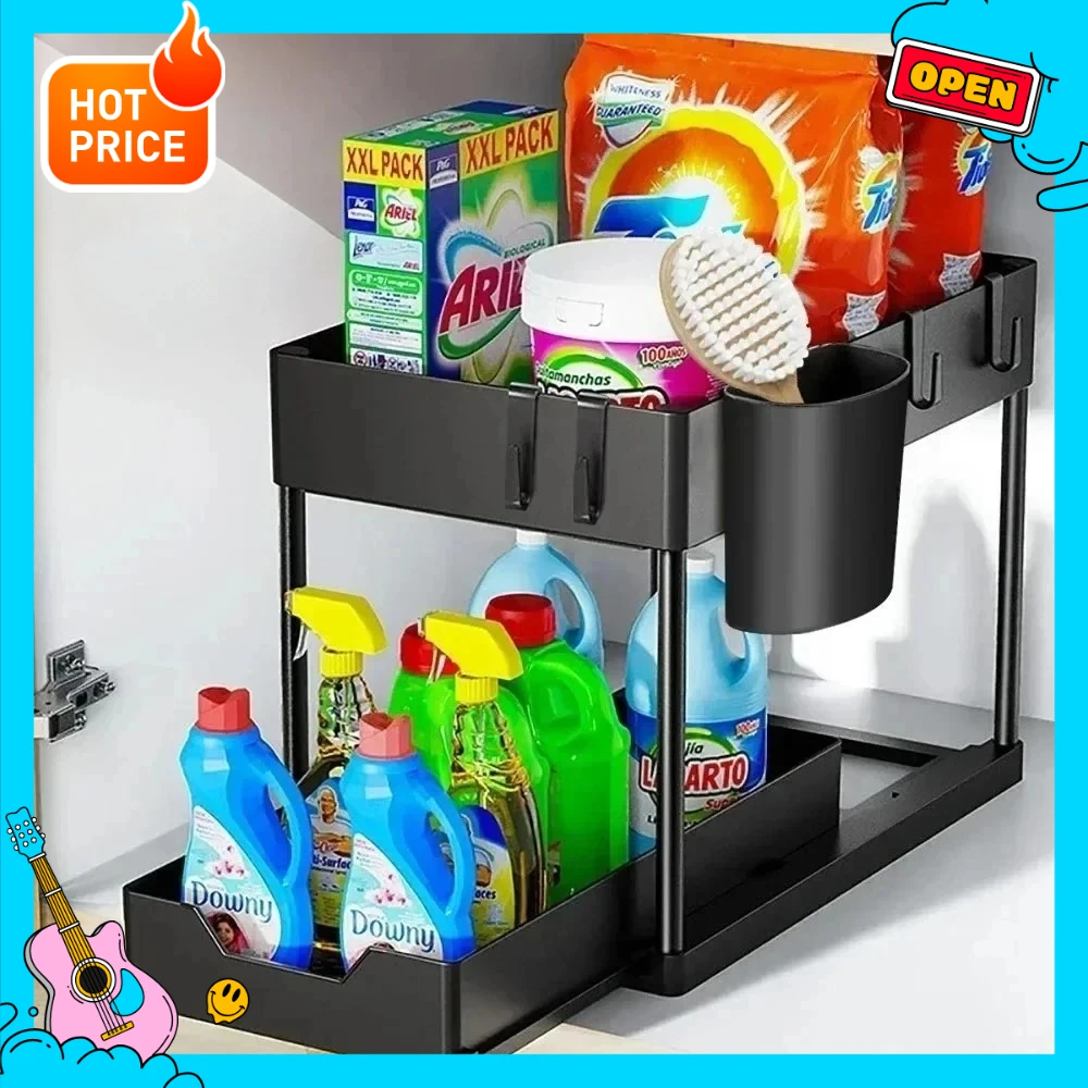 Under Sink Sliding Basket 2 Tier - New Organizer with Hooks Hanging Cup for Kitchen Bathroom