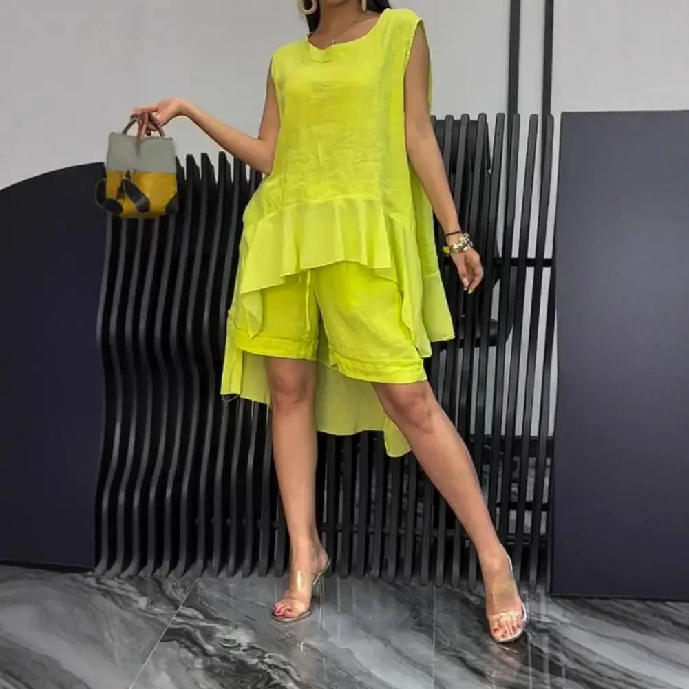 

Cotton Linen Shirt High Waist Shorts Sets 2025 Casual Loose V-Neck Drawstring Pullover Irregular Ruffles Hem Shorts Beach Suits